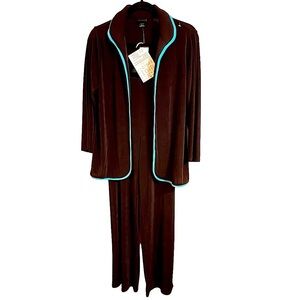 NWT Citiknits Brown & Turquoise Slinky Knit Open Jacket & Elastic Waist Pants M